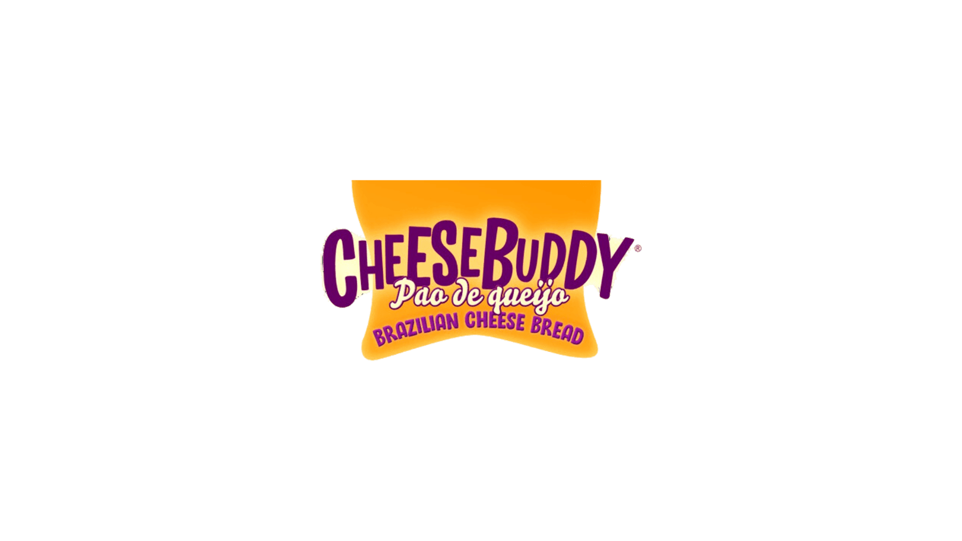 Logo of CheeseBuddy Pao de queijo Brazilian Cheese Bread with yellow background and purple text.